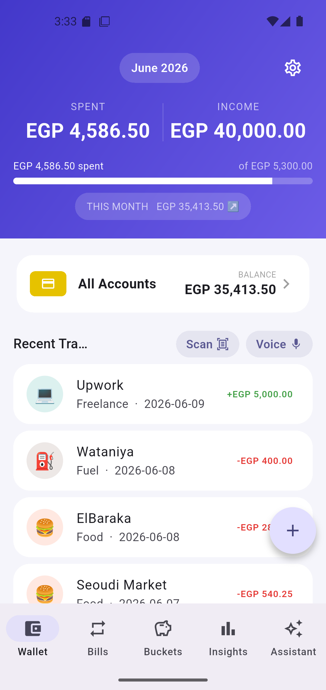 HomeSum dashboard showing spending, income and budget